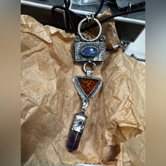 Sterling 925 Silver Pendant Necklace with Tanzanite, Amethyst and Amber Stones - Picture 1 of 11